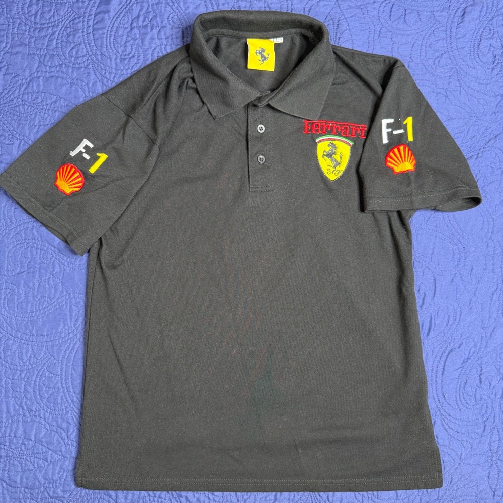 Ferrari F1 Racing Team Polo Shirt Mens Large Black Embroidered Shell Logo Sport